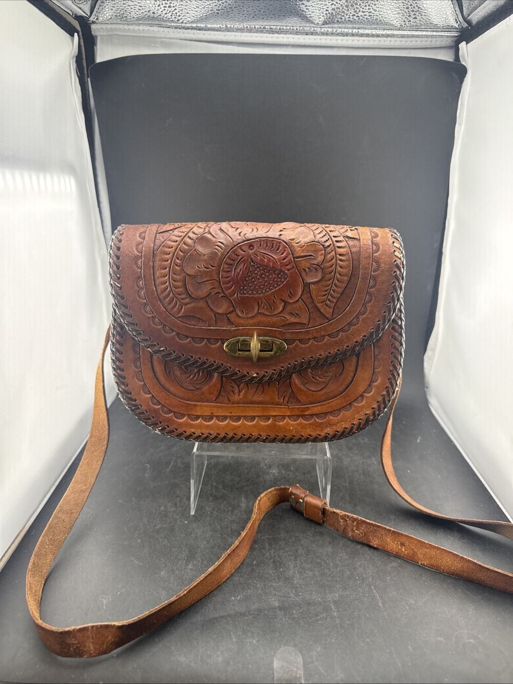 Vintage Tooled Leather Shoulder Bag Floral Western Boho Hippie Crossbody Purse